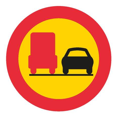 Förbud mot omkörning med tung lastbil - Förbudsskylt